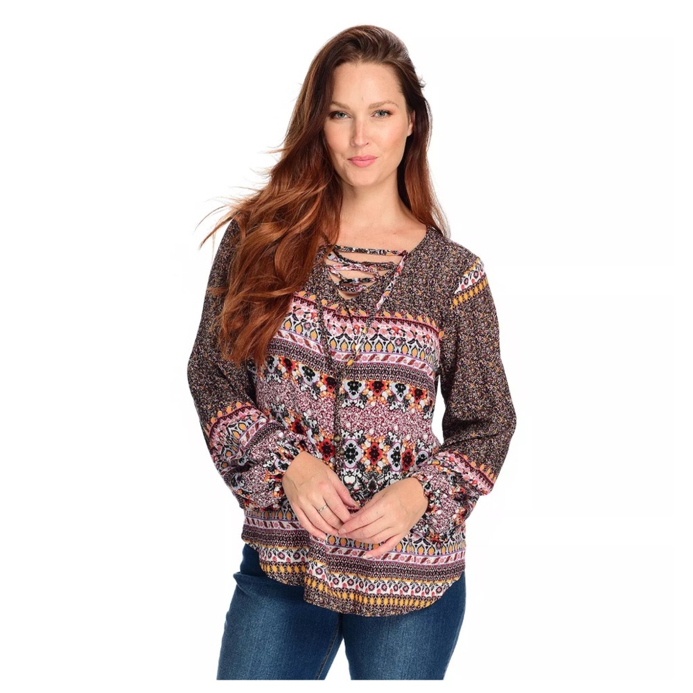 Women’s Farmers Market by One World Berry Woven Mixed Print Lace-up Neck Blouse‎